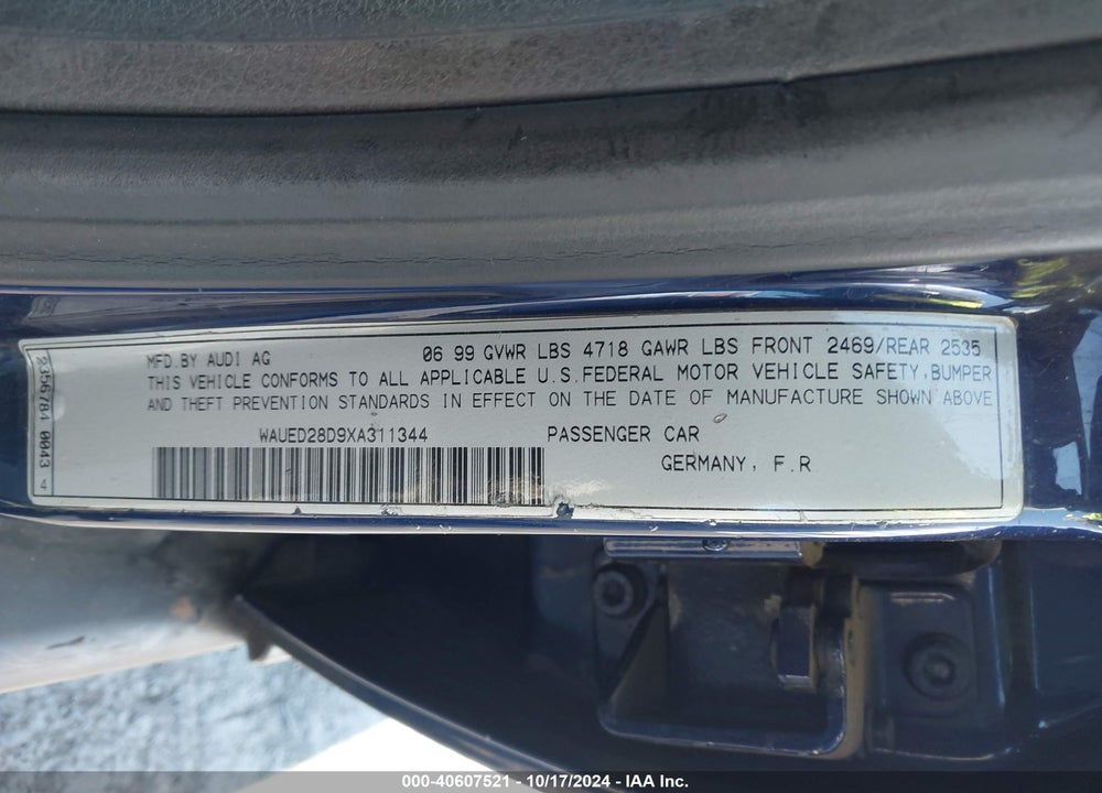 1999 AUDI A4 2.8 VIN: WAUED28D9XA311344