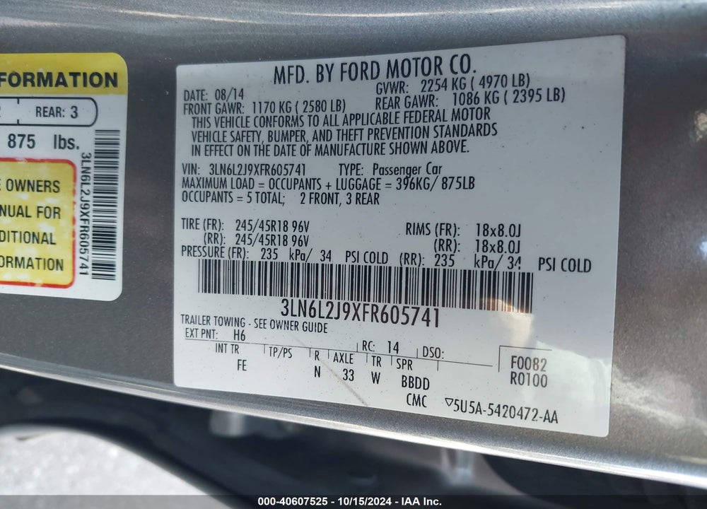 2015 LINCOLN MKZ VIN: 3LN6L2J9XFR605741