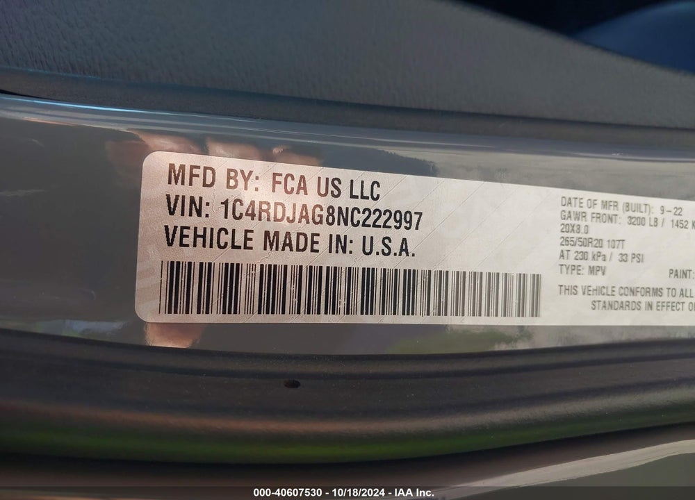 2022 DODGE DURANGO SXT AWD VIN: 1C4RDJAG8NC222997