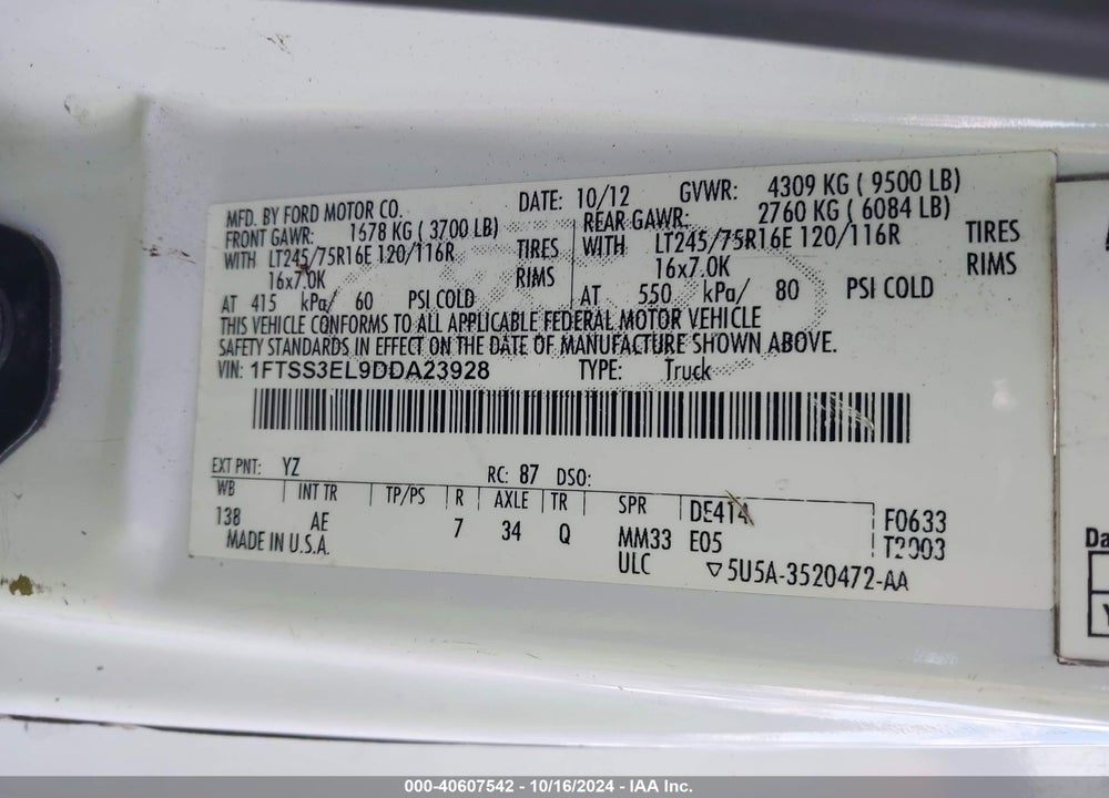 2013 FORD E-350 SUPER DUTY COMMERCIAL VIN: 1FTSS3EL9DDA23928
