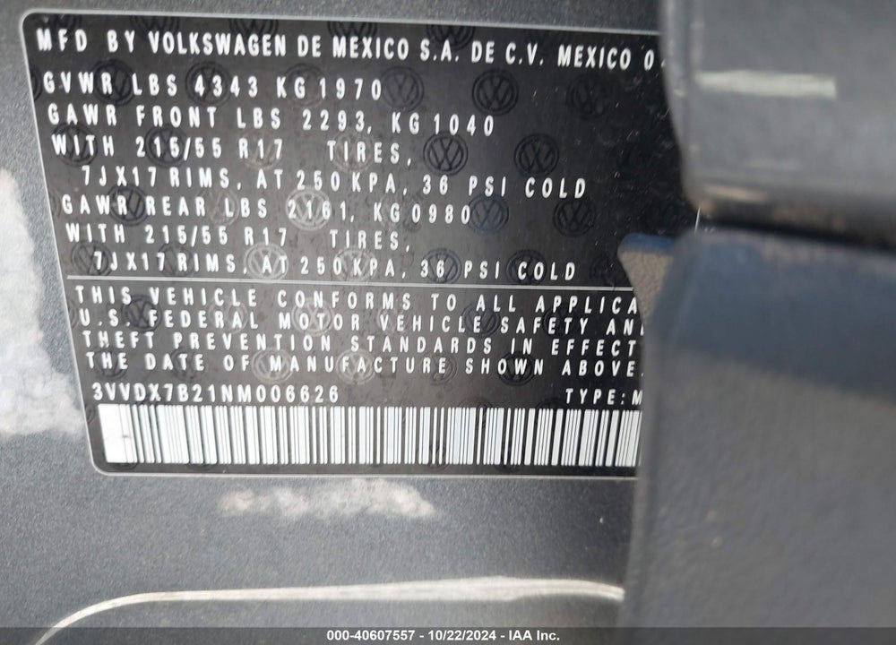 2022 VOLKSWAGEN TAOS 1.5T S VIN: 3VVDX7B21NM006626
