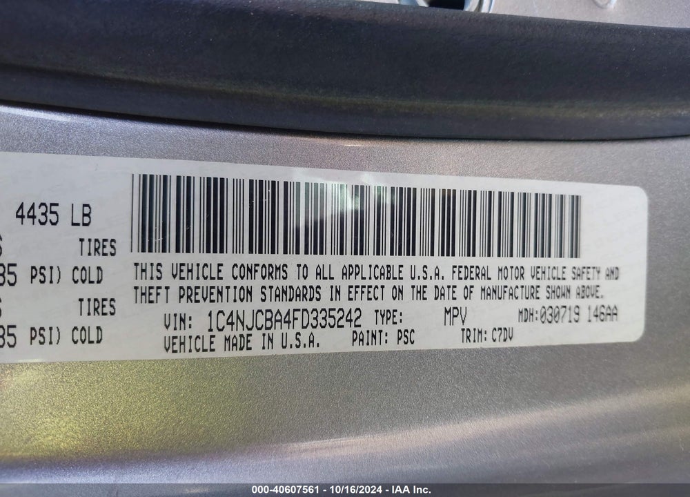 2015 JEEP COMPASS SPORT VIN: 1C4NJCBA4FD335242