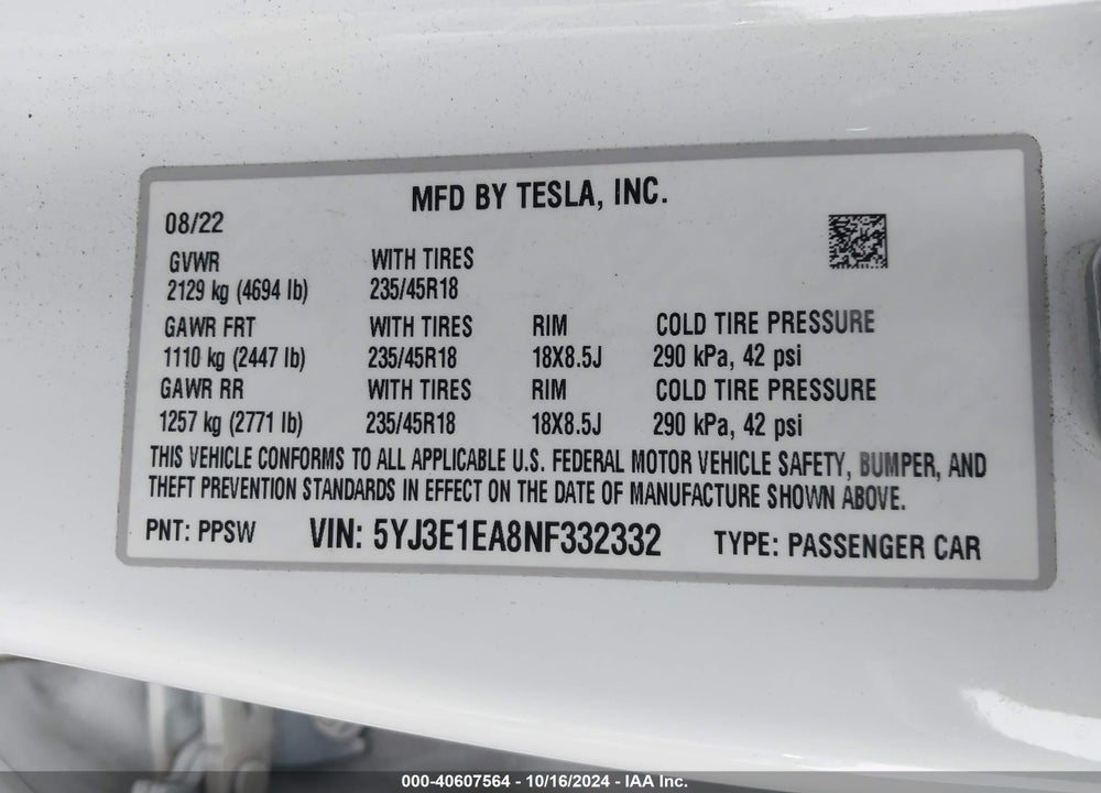 2022 TESLA MODEL 3 REAR-WHEEL DRIVE VIN: 5YJ3E1EA8NF332332
