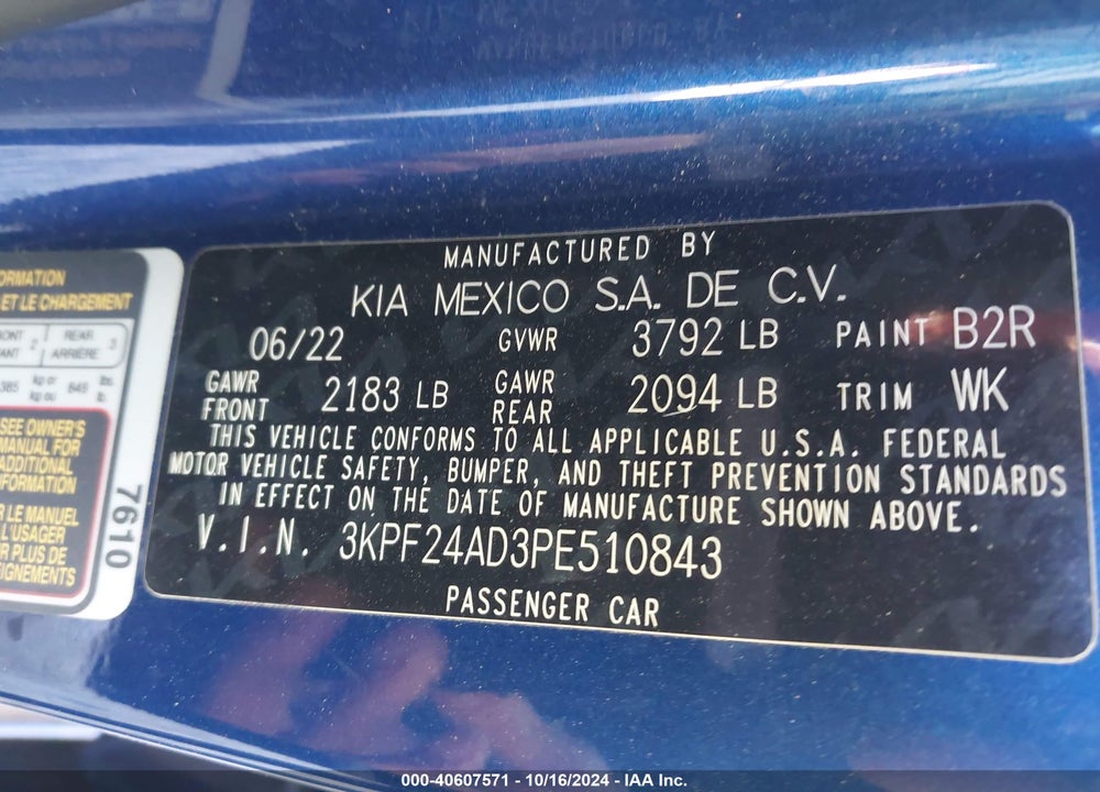 2023 KIA FORTE LXS VIN: 3KPF24AD3PE510843