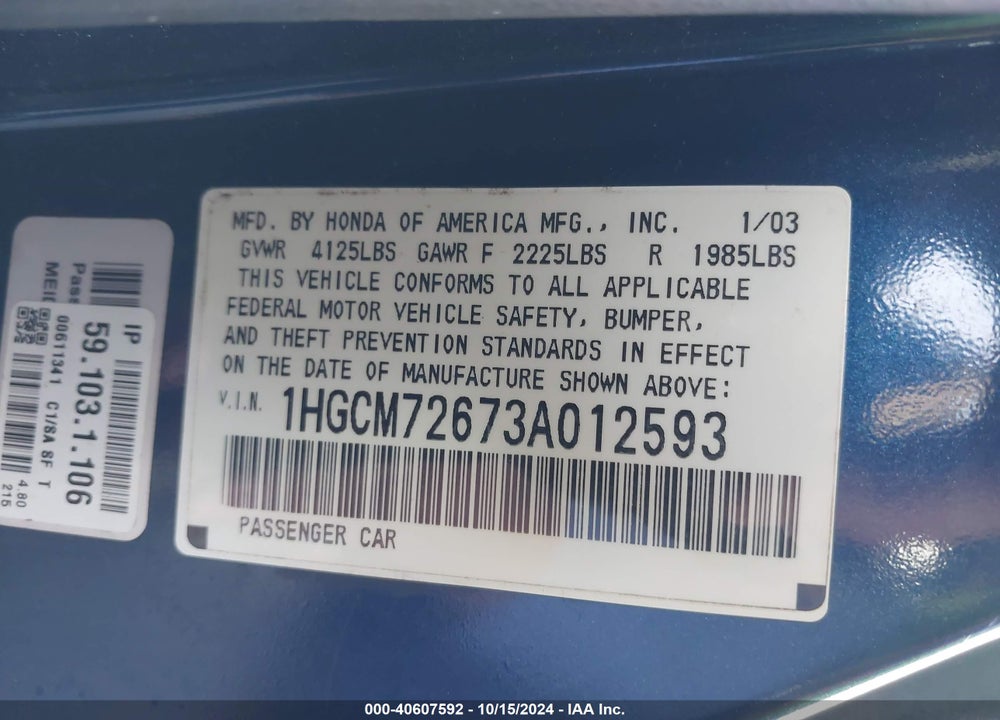 2003 HONDA ACCORD 2.4 EX VIN: 1HGCM72673A012593