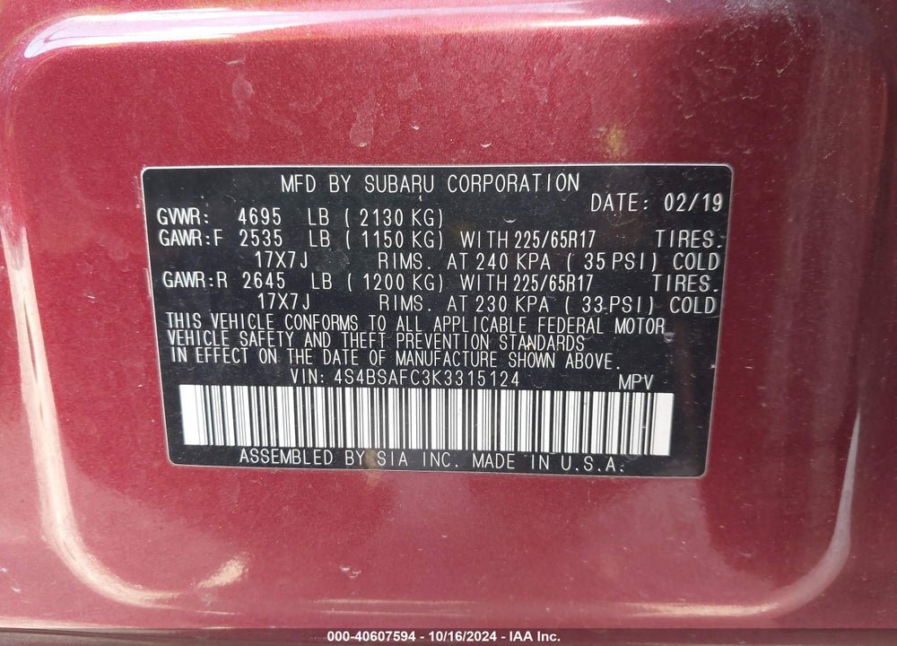 2019 SUBARU OUTBACK 2.5I PREMIUM VIN: 4S4BSAFC3K3315124