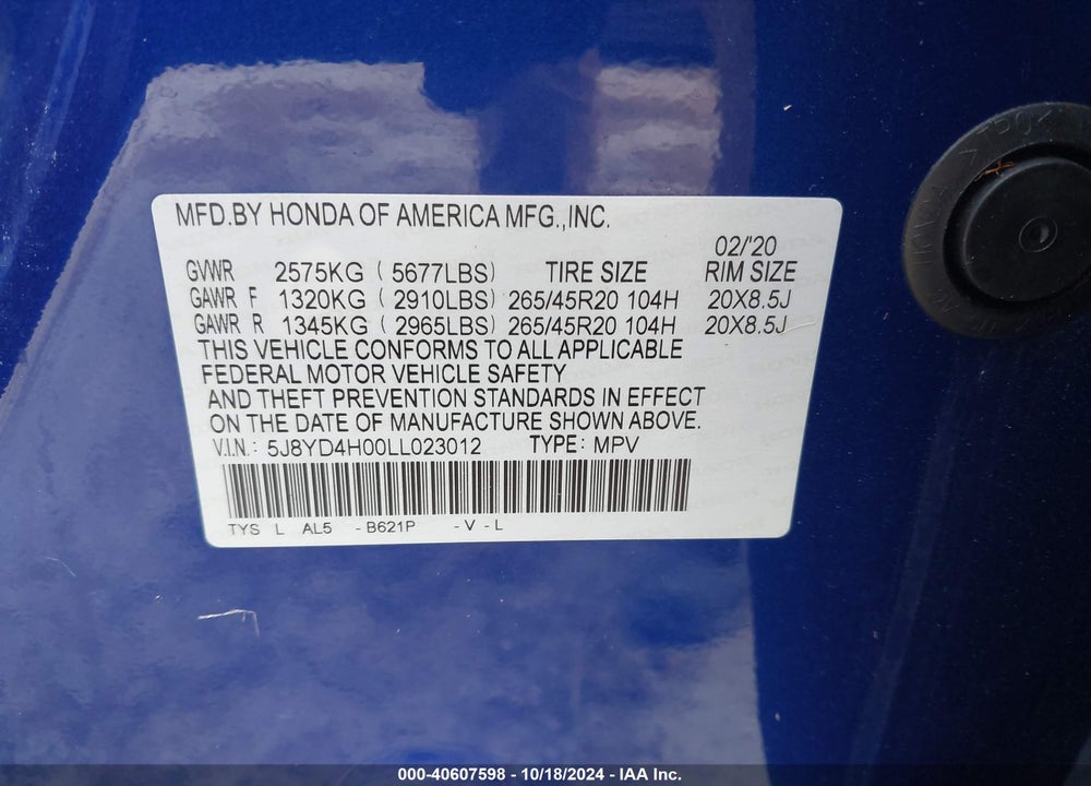 2020 ACURA MDX VIN: 5J8YD4H00LL023012
