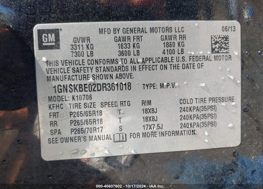 2013 CHEVROLET TAHOE LT VIN: 1GNSKBE02DR361018