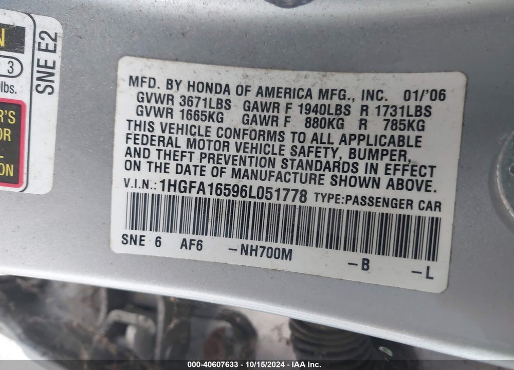 2006 HONDA CIVIC LX VIN: 1HGFA16596L051778