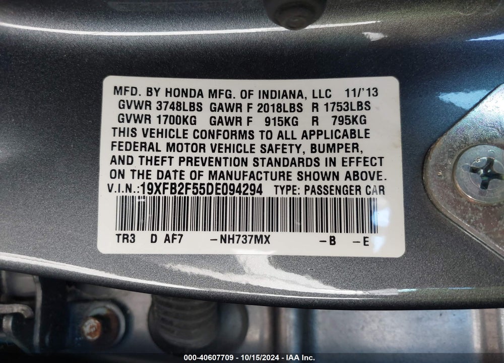 2013 HONDA CIVIC LX VIN: 19XFB2F55DE094294