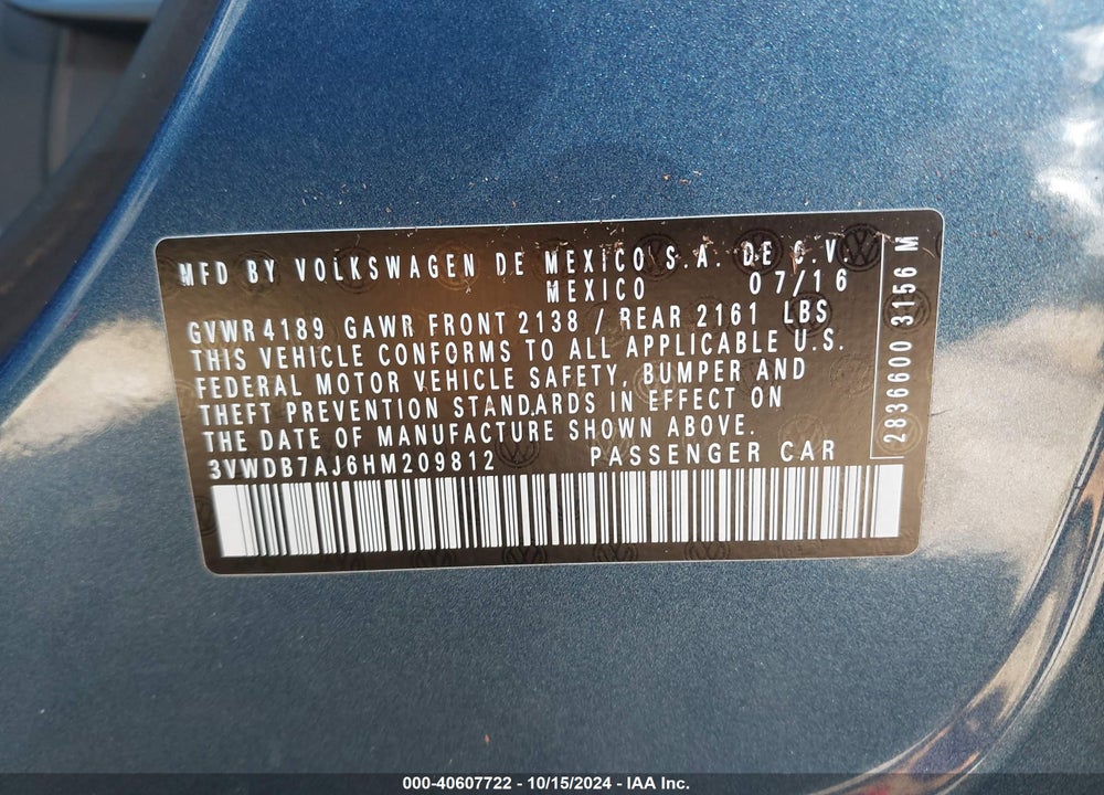 2017 VOLKSWAGEN JETTA 1.4T SE VIN: 3VWDB7AJ6HM209812