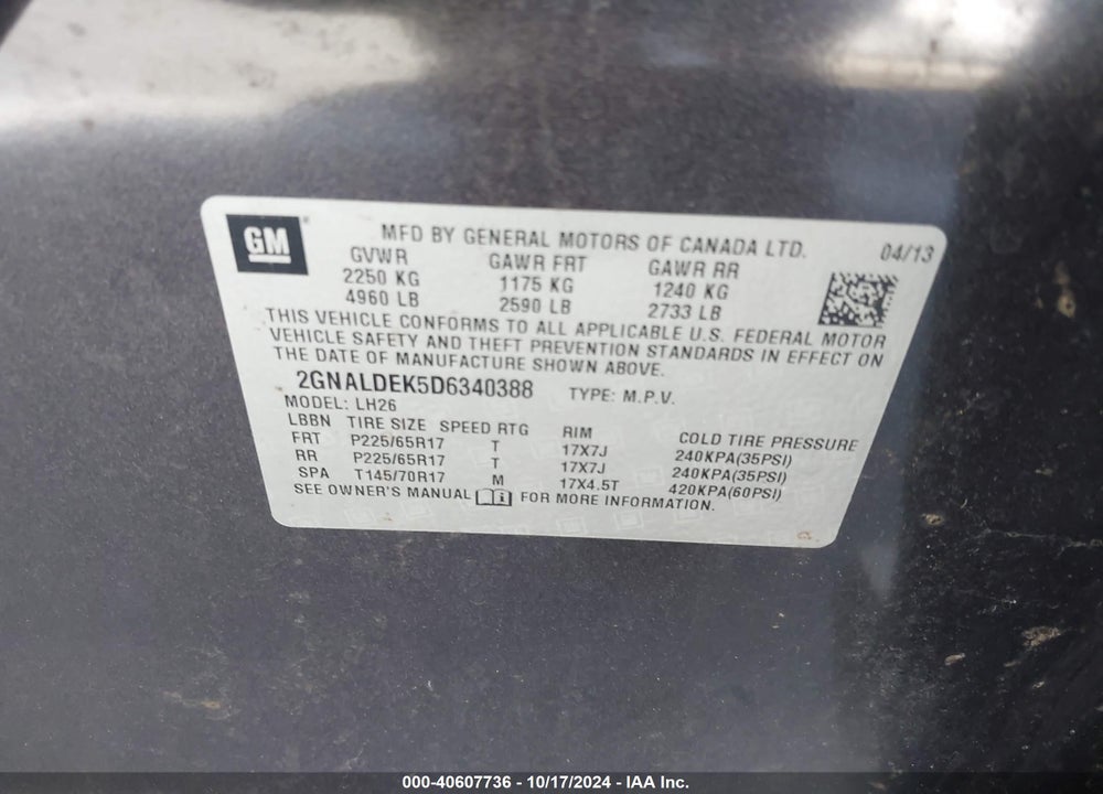 2013 CHEVROLET EQUINOX 1LT VIN: 2GNALDEK5D6340388