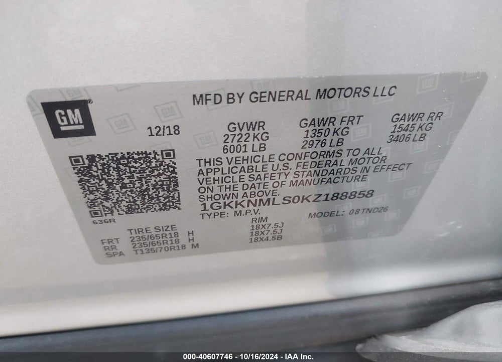 2019 GMC ACADIA SLT-1 VIN: 1GKKNMLS0KZ188858