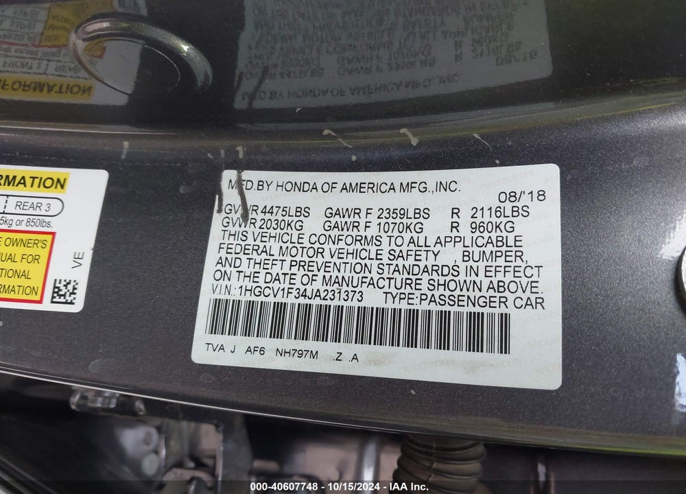 2018 HONDA ACCORD SPORT VIN: 1HGCV1F34JA231373