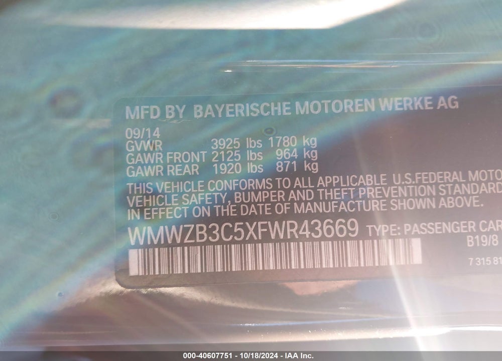 2015 MINI COUNTRYMAN COOPER VIN: WMWZB3C5XFWR43669