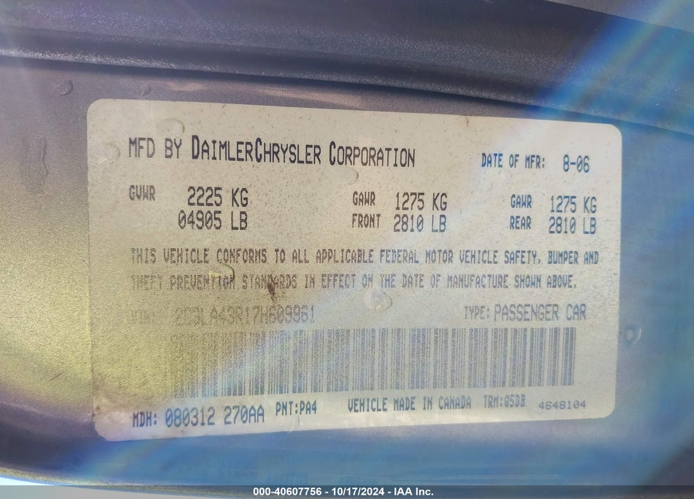 2007 CHRYSLER 300 VIN: 2C3LA43R17H609961