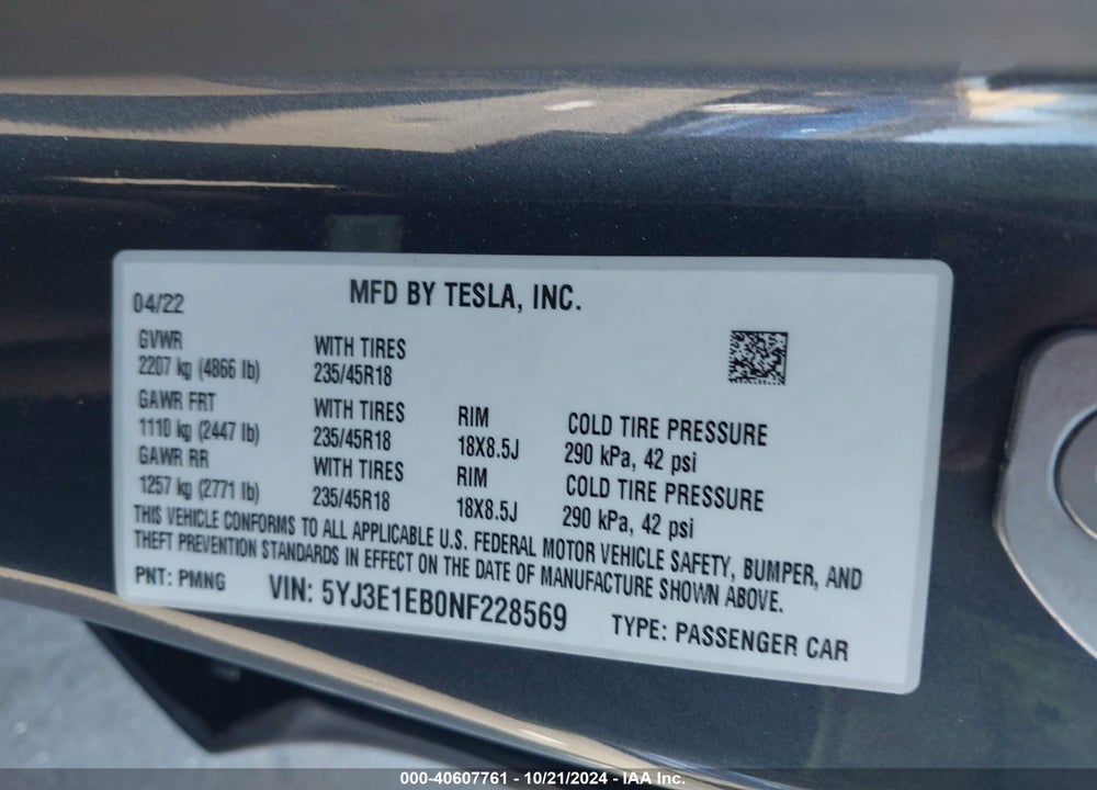 2022 TESLA MODEL 3 LONG RANGE DUAL MOTOR ALL-WHEEL DRIVE VIN: 5YJ3E1EB0NF228569