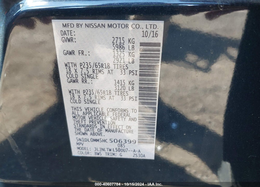 2017 INFINITI QX60 VIN: 5N1DL0MM5HC506399