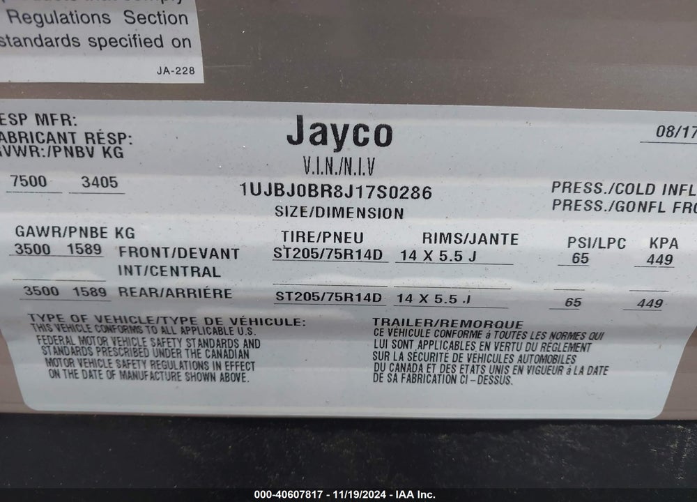 2018 JAYCO 284BHS VIN: 1UJBJ0BR8J17S0286