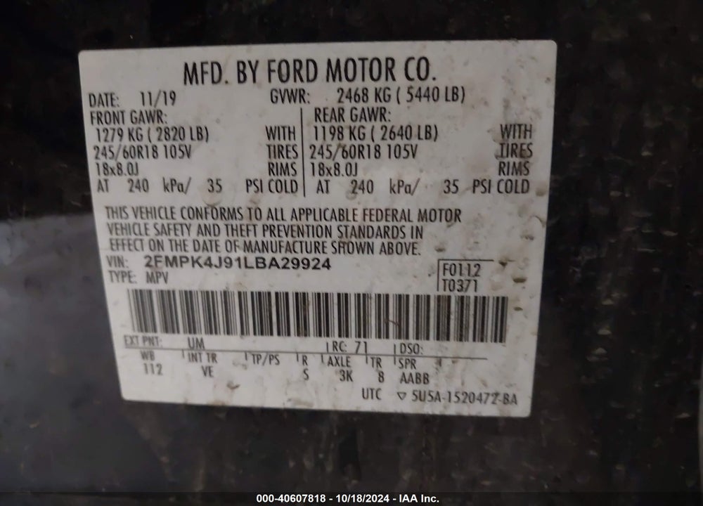 2020 FORD EDGE SEL VIN: 2FMPK4J91LBA29924
