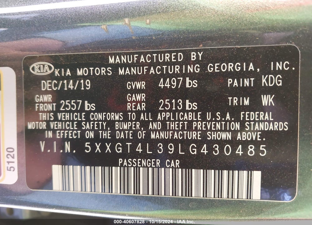 2020 KIA OPTIMA LX VIN: 5XXGT4L39LG430485