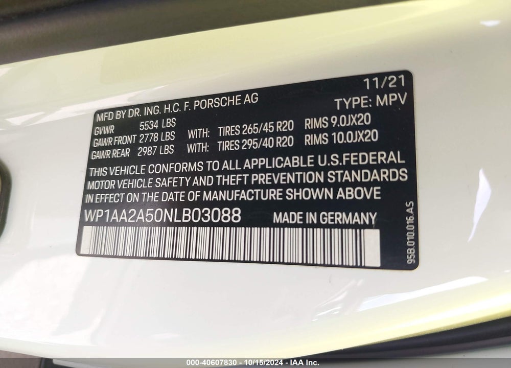 2022 PORSCHE MACAN VIN: WP1AA2A50NLB03088