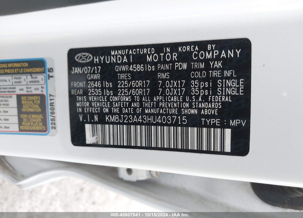 2017 HYUNDAI TUCSON SE VIN: KM8J23A43HU403715