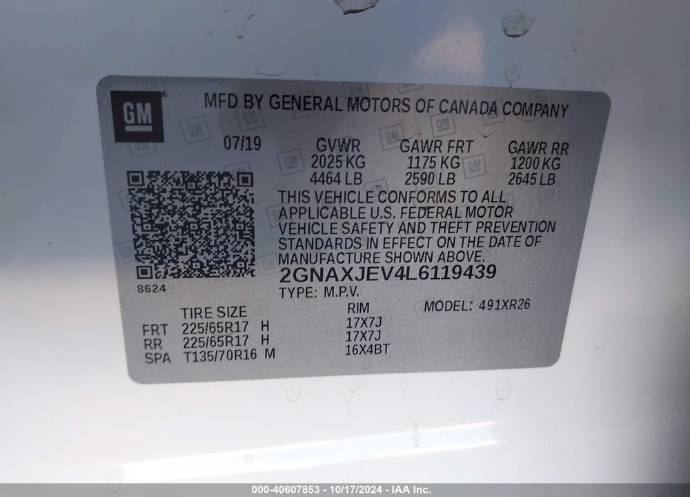 2020 CHEVROLET EQUINOX FWD 2FL VIN: 2GNAXJEV4L6119439