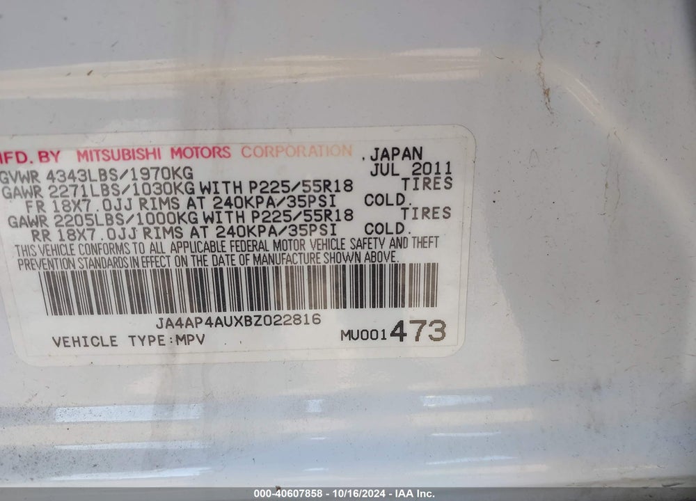 2011 MITSUBISHI OUTLANDER SPORT SE VIN: JA4AP4AUXBZ022816