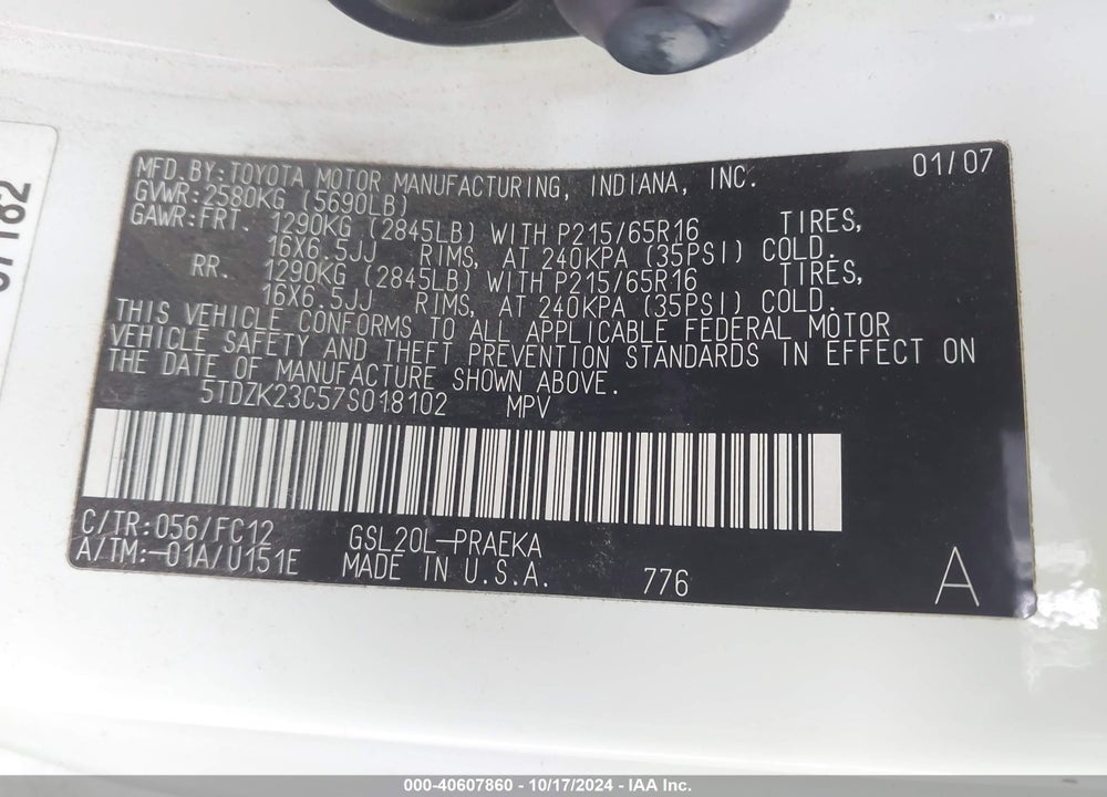2007 TOYOTA SIENNA LE VIN: 5TDZK23C57S018102