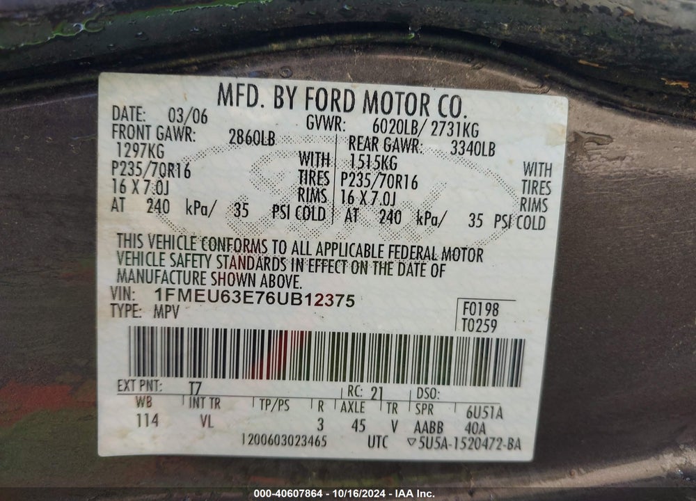 2006 FORD EXPLORER XLT VIN: 1FMEU63E76UB12375