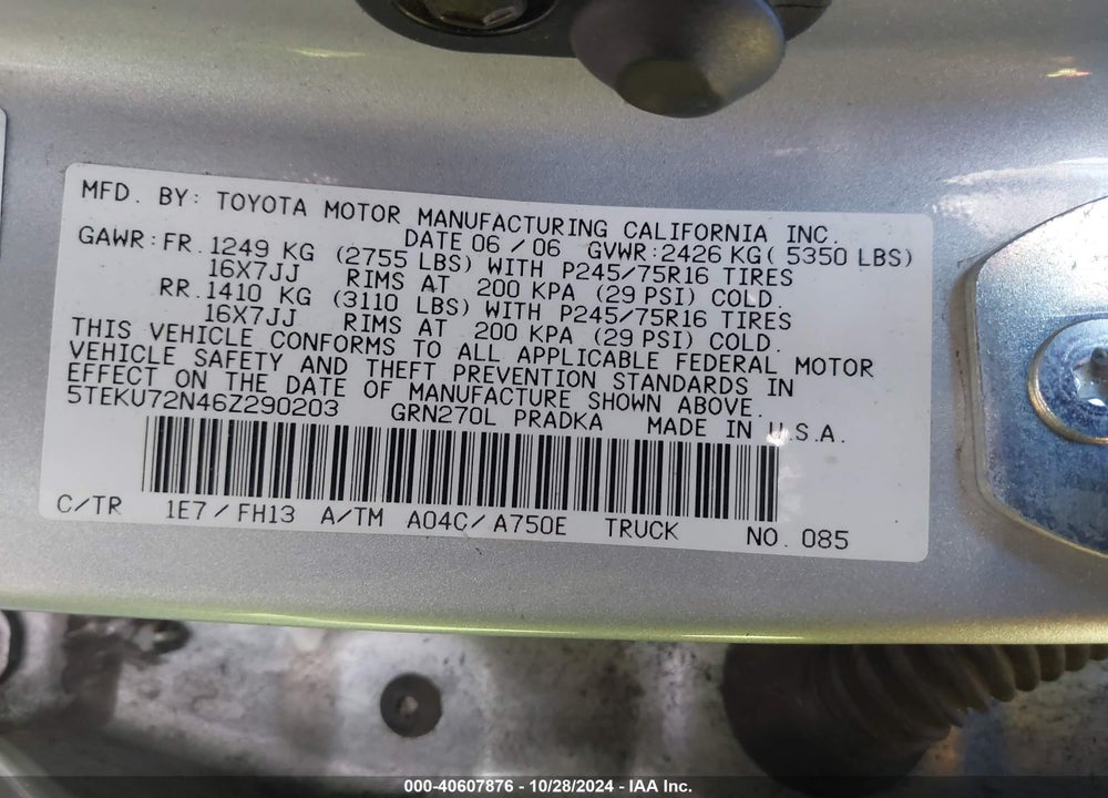 2006 TOYOTA TACOMA PRERUNNER V6 VIN: 5TEKU72N46Z290203