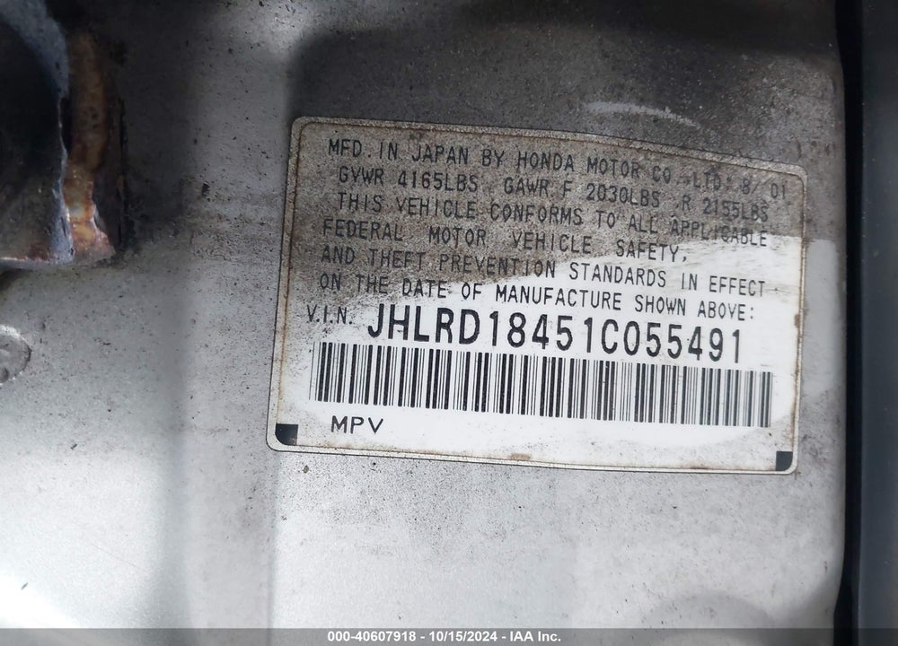 2001 HONDA CR-V LX VIN: JHLRD18451C055491