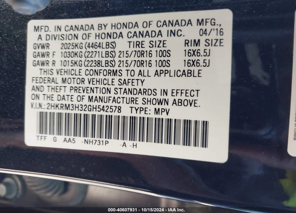 2016 HONDA CR-V LX VIN: 2HKRM3H32GH542578