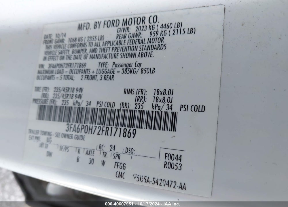 2015 FORD FUSION SE VIN: 3FA6P0H72FR171869