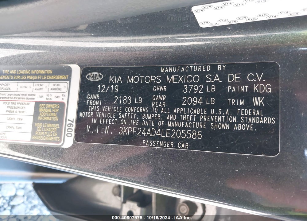 2020 KIA FORTE VIN: 3KPF24AD4LE205586
