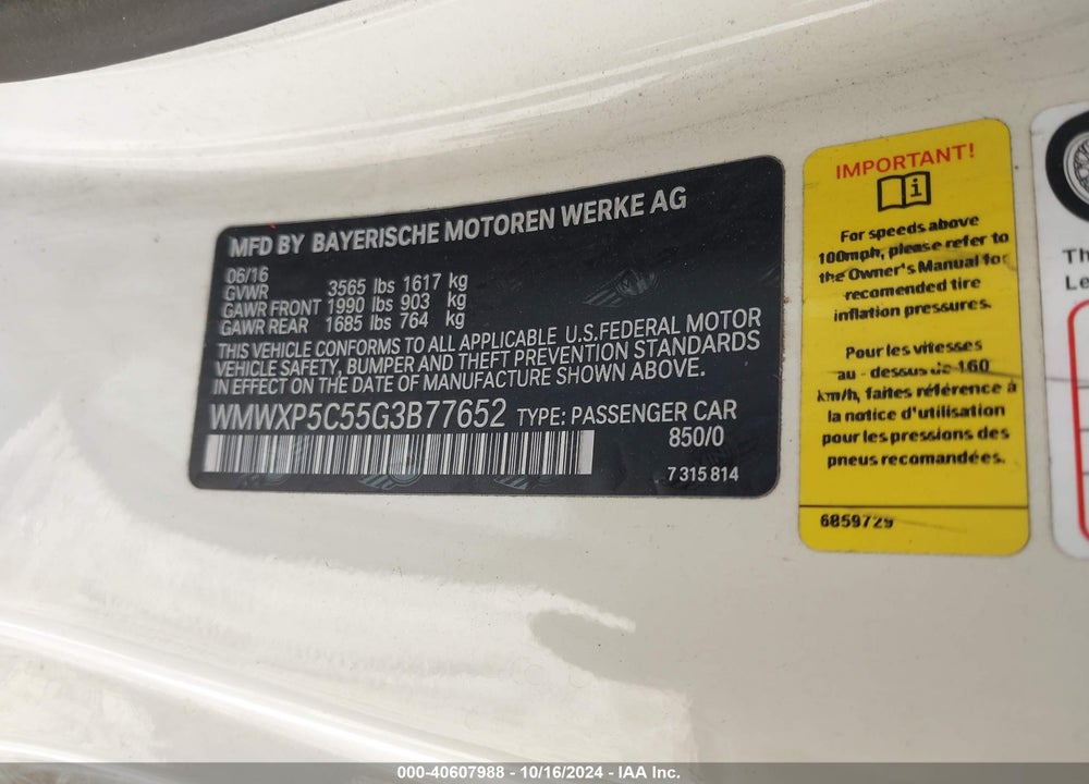 2016 MINI HARDTOP COOPER VIN: WMWXP5C55G3B77652