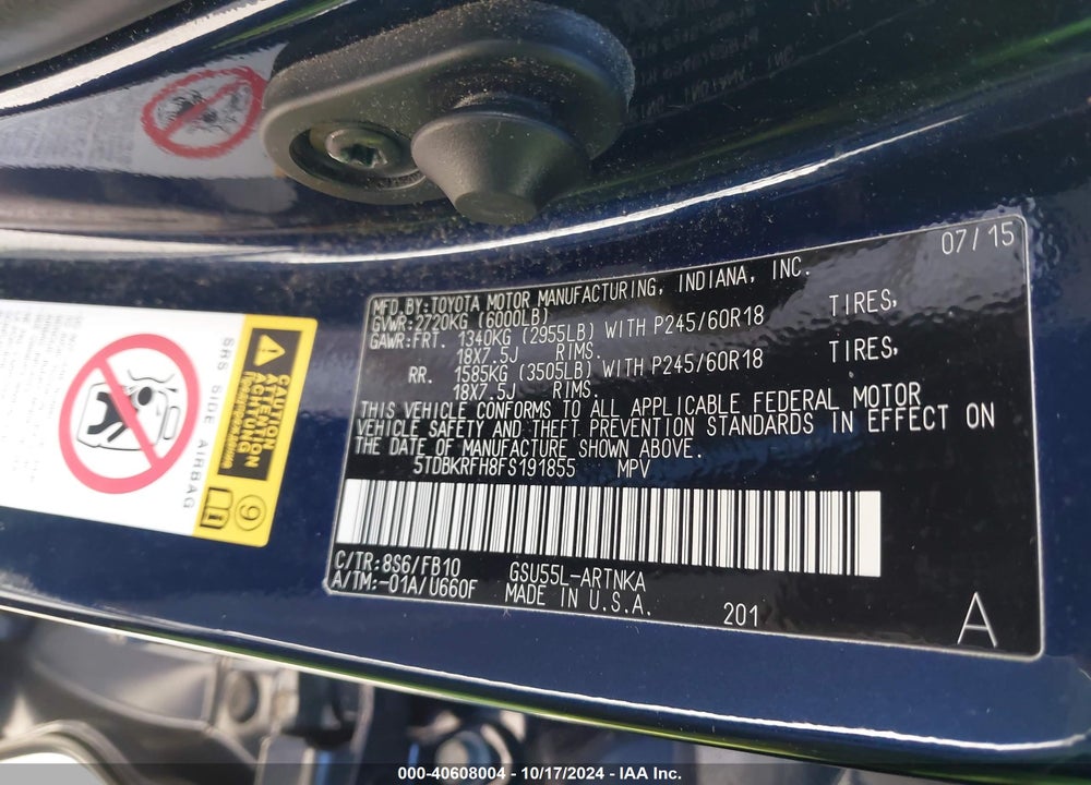 2015 TOYOTA HIGHLANDER LE V6 VIN: 5TDBKRFH8FS191855