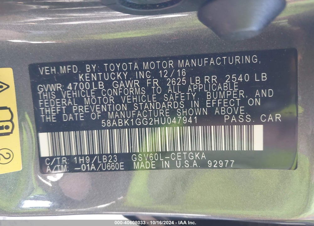 2017 LEXUS ES 350 VIN: 58ABK1GG2HU047941