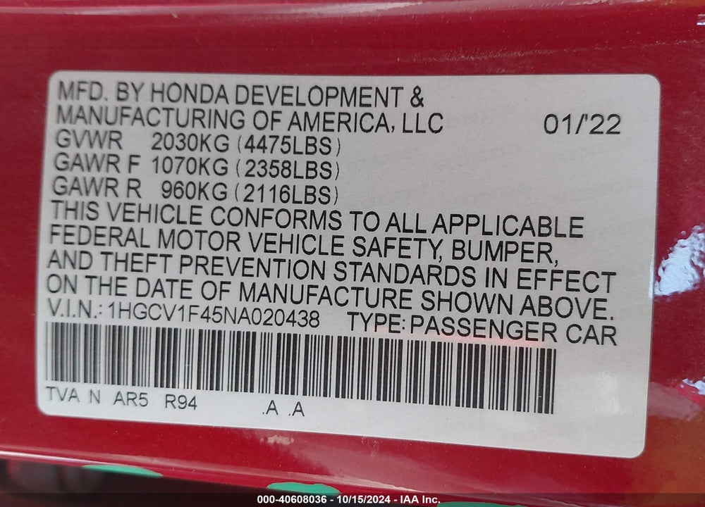 2022 HONDA ACCORD SPORT SPECIAL EDITION VIN: 1HGCV1F45NA020438