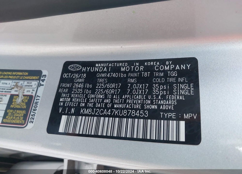 2019 HYUNDAI TUCSON SE VIN: KM8J2CA47KU878453
