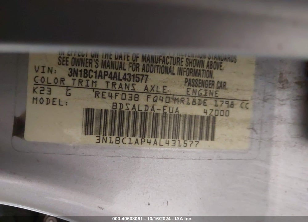 2010 NISSAN VERSA 1.8S VIN: 3N1BC1AP4AL431577