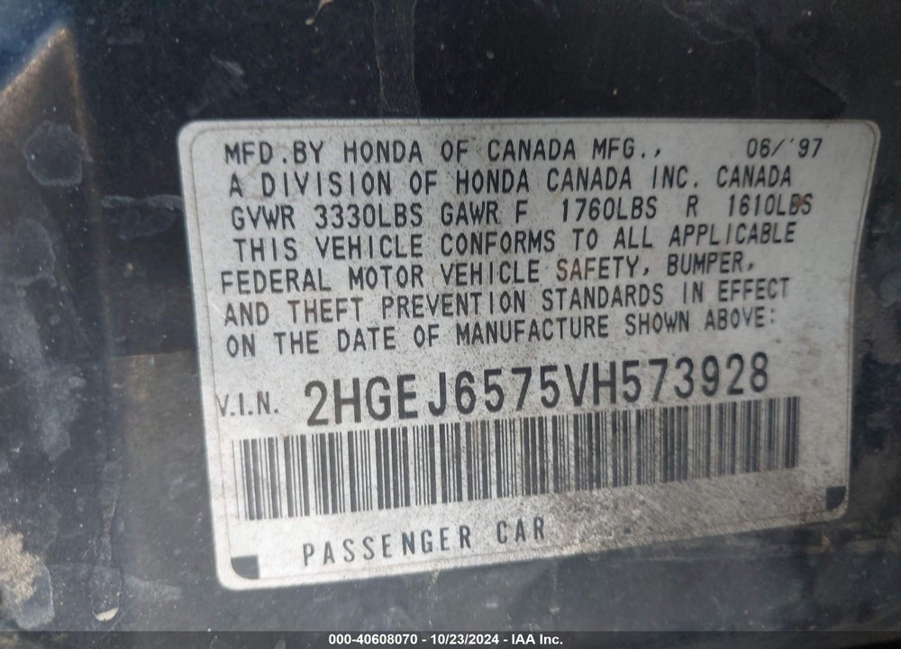 1997 HONDA CIVIC LX VIN: 2HGEJ6575VH573928