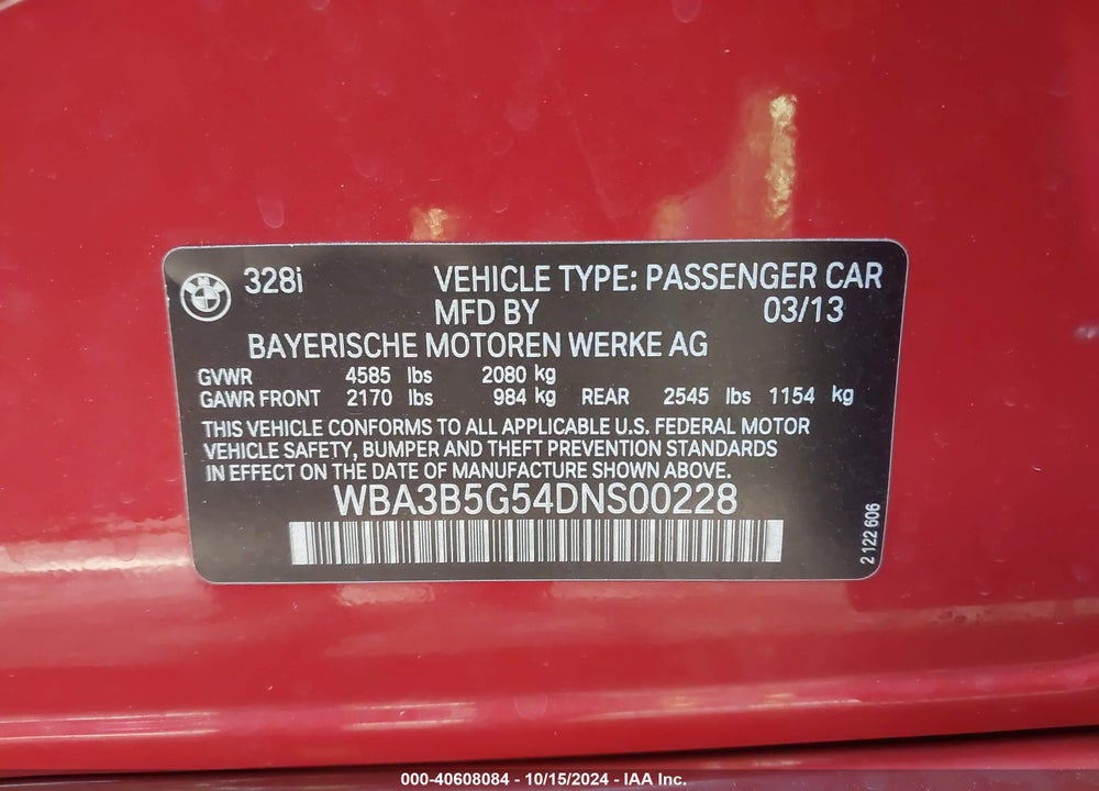 2013 BMW 328I XDRIVE VIN: WBA3B5G54DNS00228