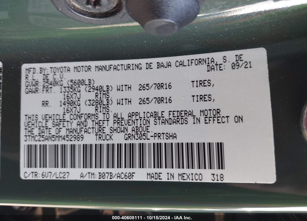 2021 TOYOTA TACOMA TRD OFF ROAD VIN: 3TMCZ5AN5MM452989
