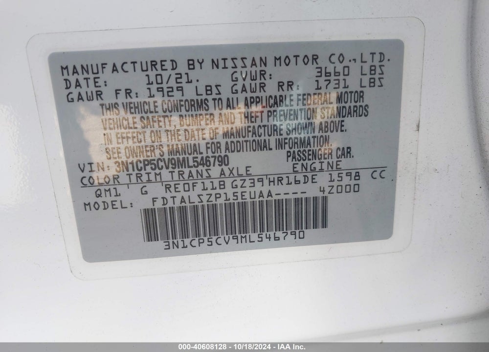 2021 NISSAN KICKS SV XTRONIC CVT VIN: 3N1CP5CV9ML546790