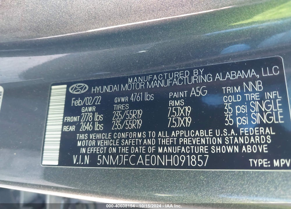 2022 HYUNDAI TUCSON SEL VIN: 5NMJFCAE0NH091857
