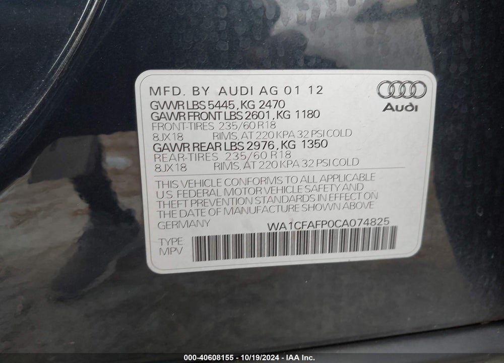 2012 AUDI Q5 2.0T PREMIUM VIN: WA1CFAFP0CA074825