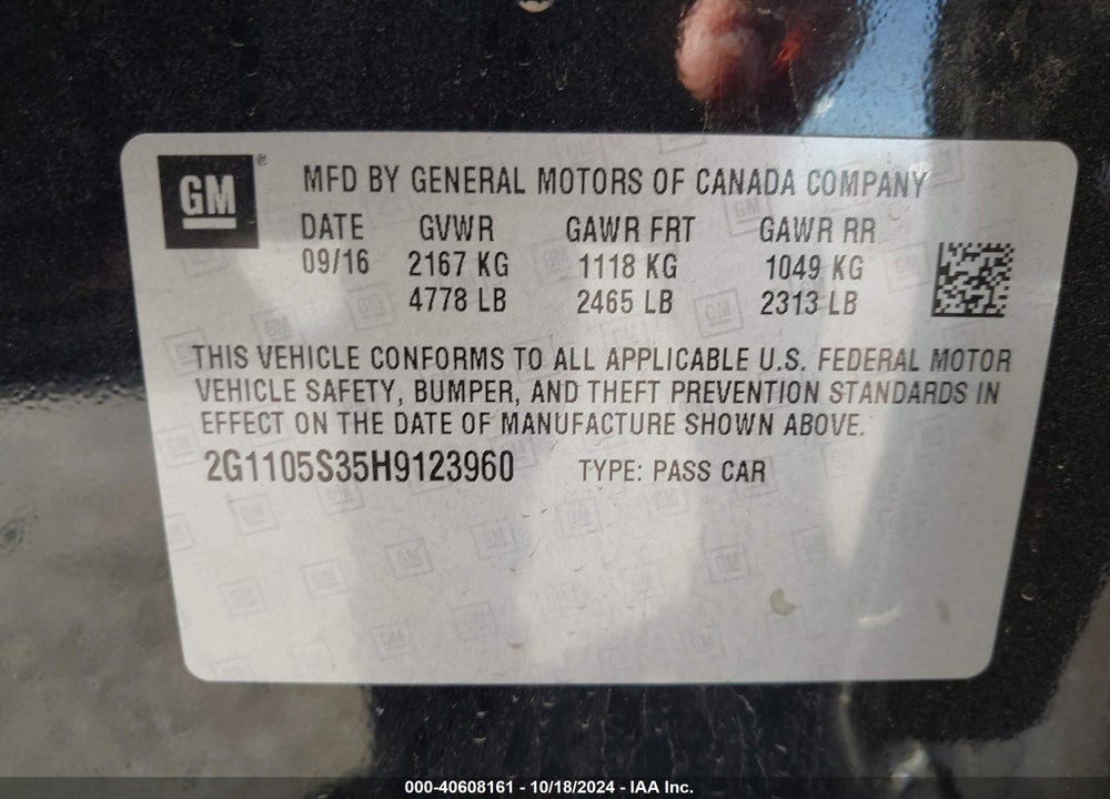 2017 CHEVROLET IMPALA 1LT VIN: 2G1105S35H9123960