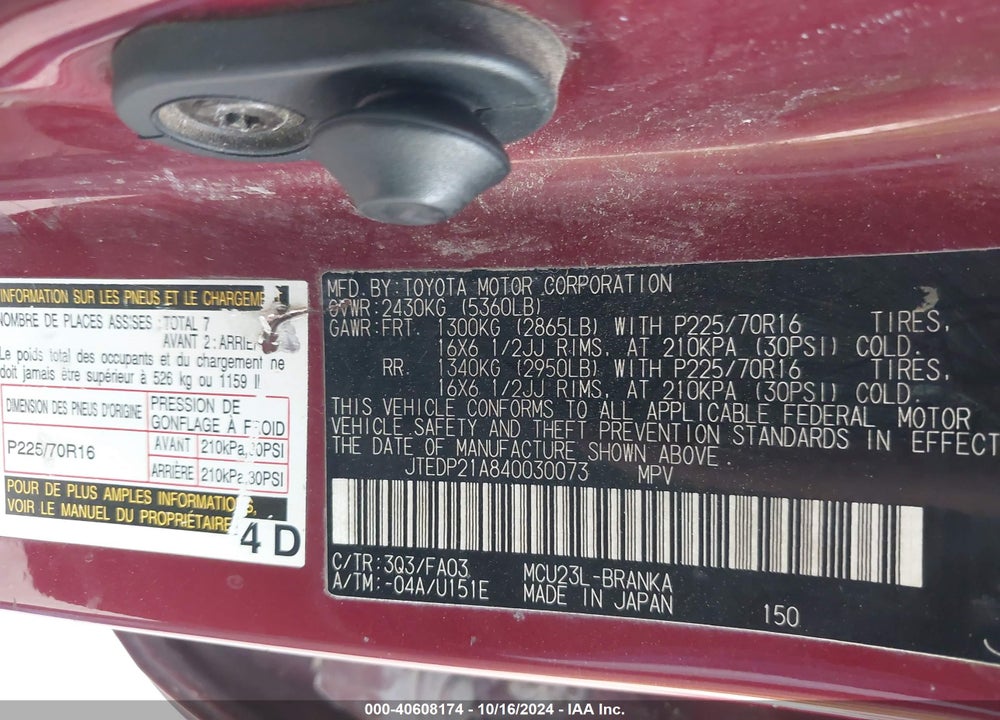 2004 TOYOTA HIGHLANDER V6 VIN: JTEDP21A840030073